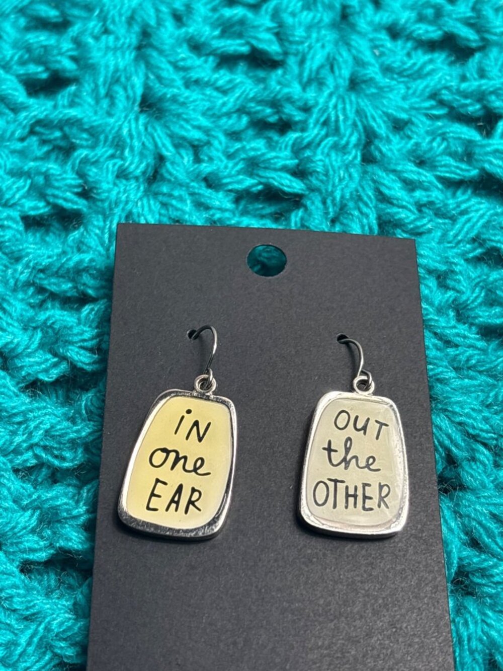Hallmark In One Ear Out the Other Novelty Dangle Earrings Silvertone Cream Black